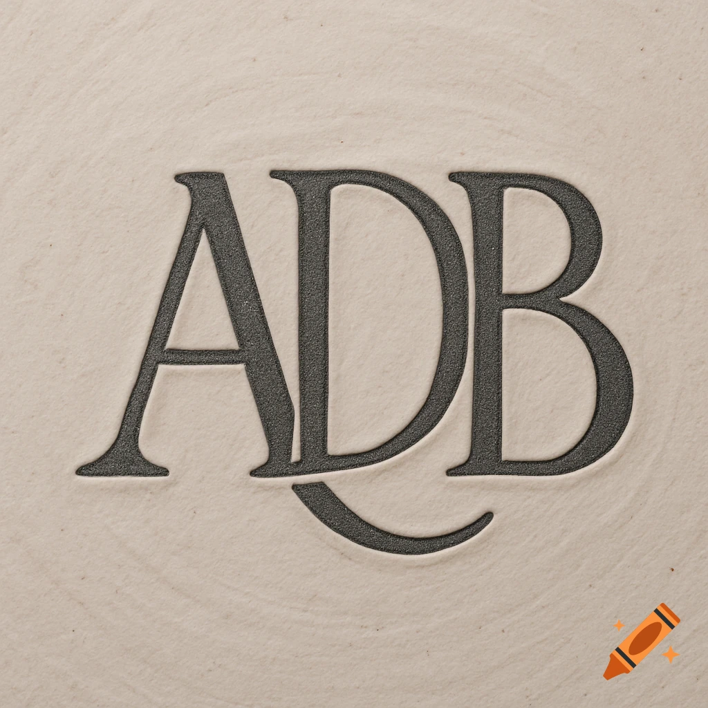 Dark grey initials ADB debossed into a textured light beige surface, resembling a pottery stamp.