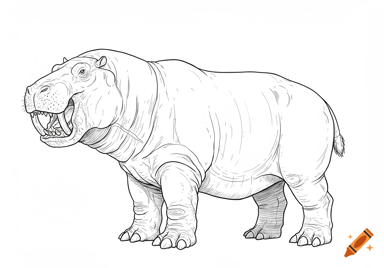 Side view line art drawing of a fantasy creature combining a hippo and Inostrancevia, with saber teeth, on a white background.