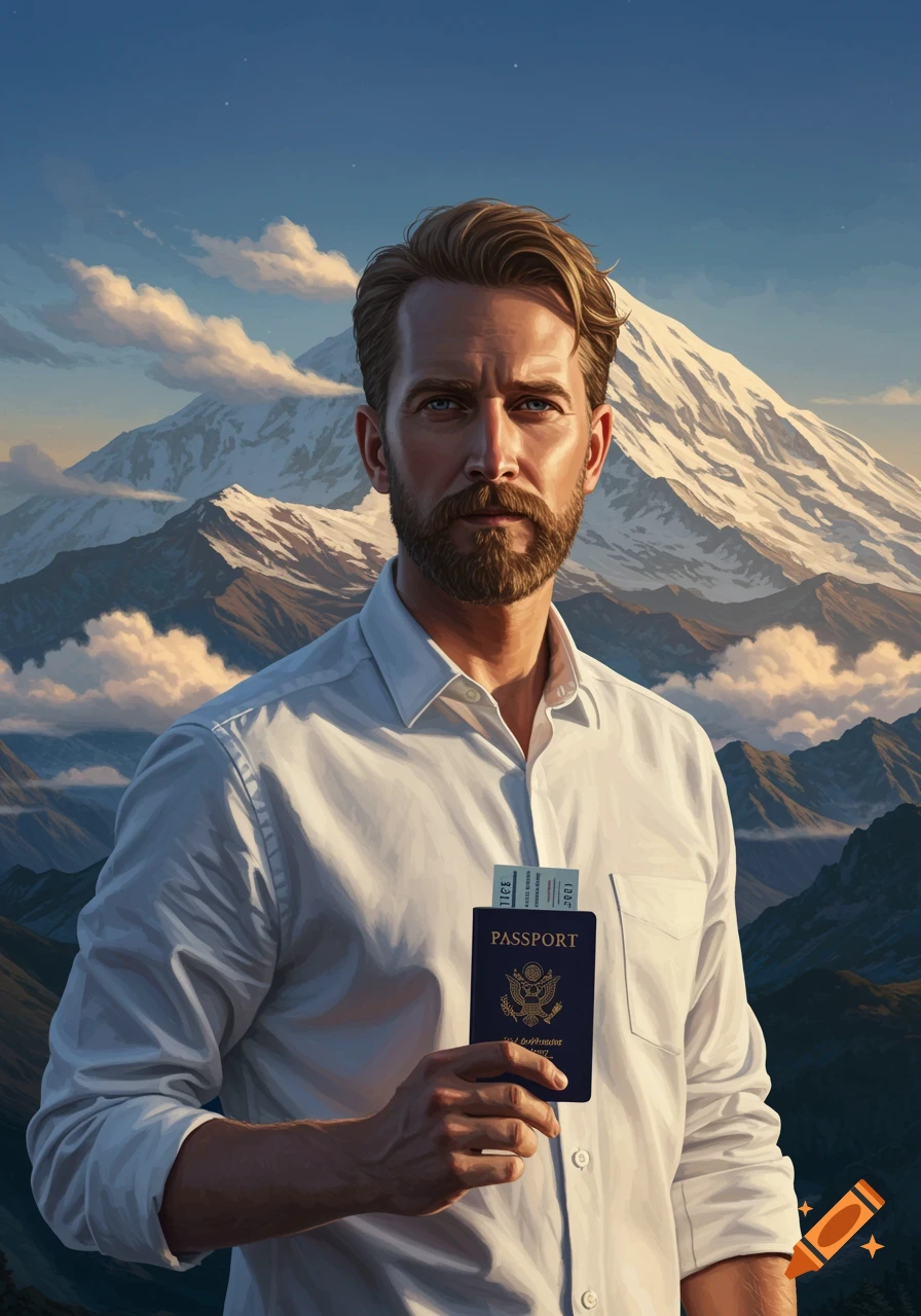 A man with a beard and white shirt holds a passport with a mountain landscape behind him.
