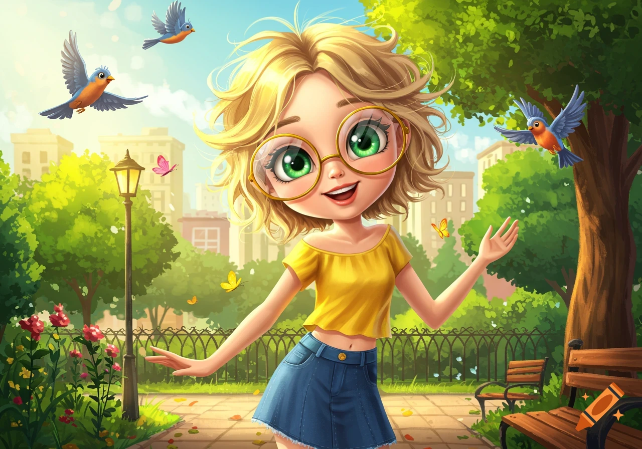 A cheerful cartoon blonde girl with big green eyes and round glasses stands in a sunny park with birds and butterflies.