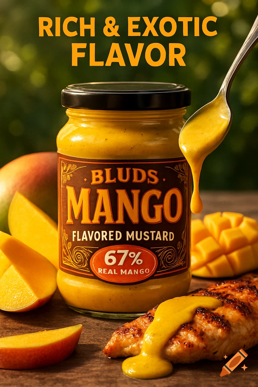 A jar of Bluds Mango Flavored Mustard, mango slices, and grilled chicken with mustard on a wooden surface.