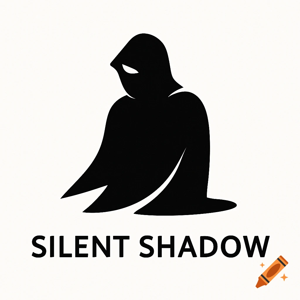 A minimalist black silhouette logo of a hooded figure with the words SILENT SHADOW below it on a white background.