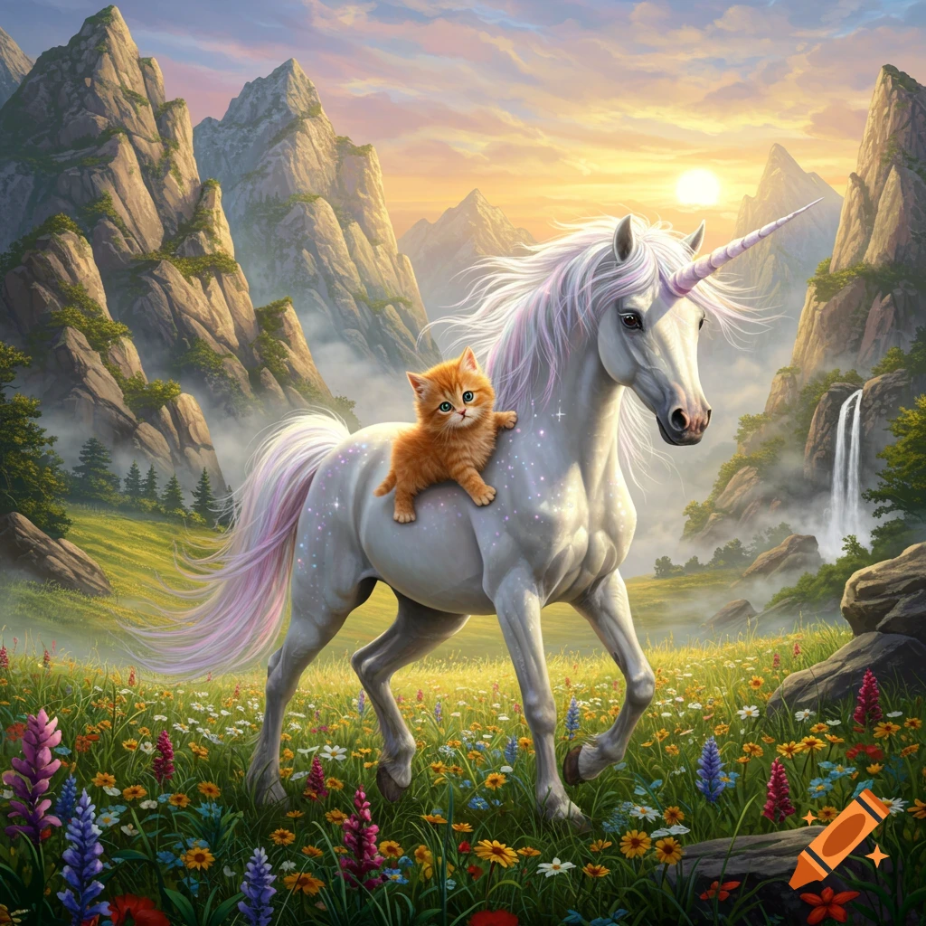 A cute orange kitten rides a white unicorn through a colorful flower meadow with mountains and a waterfall at sunset.
