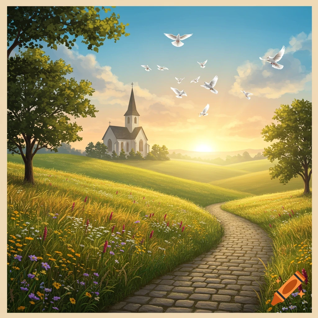 A serene landscape with a church on a hill, a stone path, green fields, wildflowers, and doves flying at sunset.