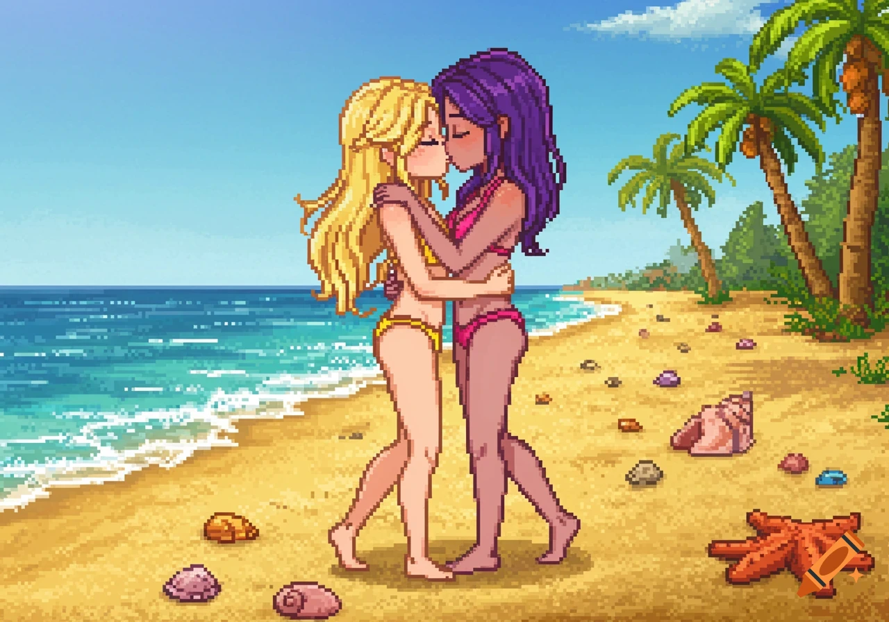 Two pixel art women in bikinis kiss and embrace on a sunny beach with palm trees and ocean.