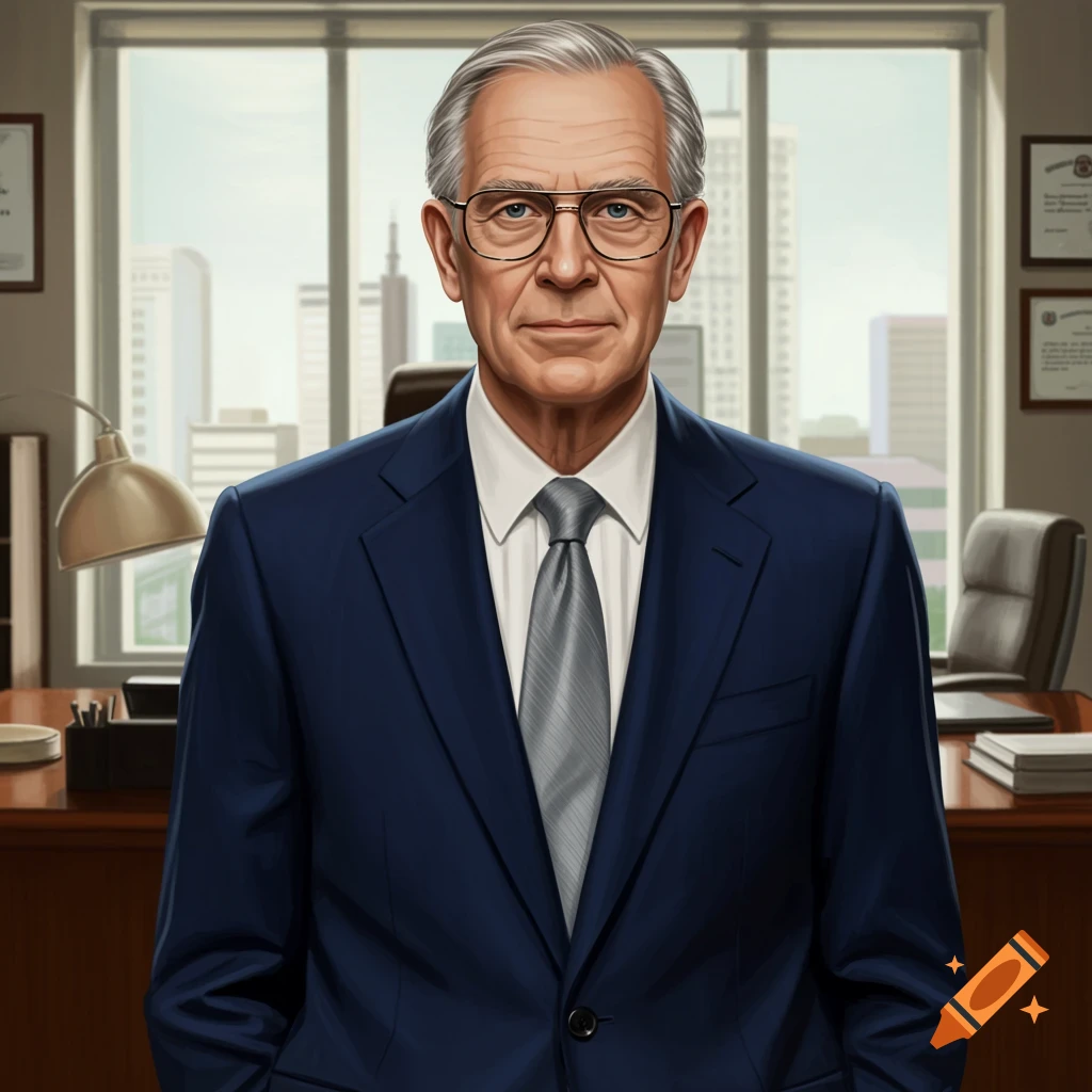 A professional-looking 67-year-old white man with gray hair and glasses in a blue suit and gray tie stands in an office with a city view.