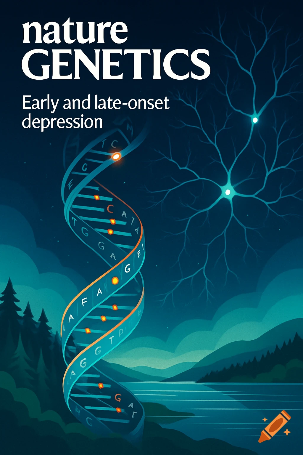 A stylized illustration for 'Nature Genetics' featuring a glowing DNA helix, a neuron-like tree, and a dark, moody landscape.