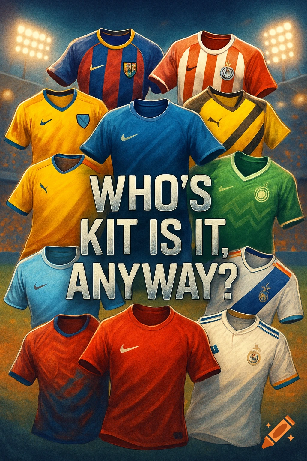 A collection of colorful football jerseys displayed in a stadium, with the text 'WHO'S KIT IS IT, ANYWAY?'
