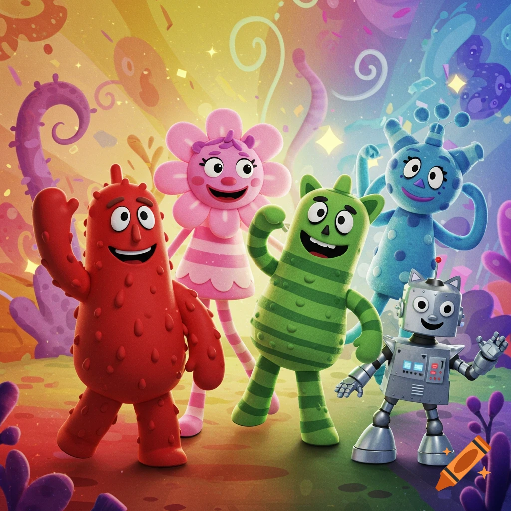 The main characters from Yo Gabba Gabba, Muno, Foofa, Brobee, Toodee, and Plex, smiling in a colorful, whimsical setting.