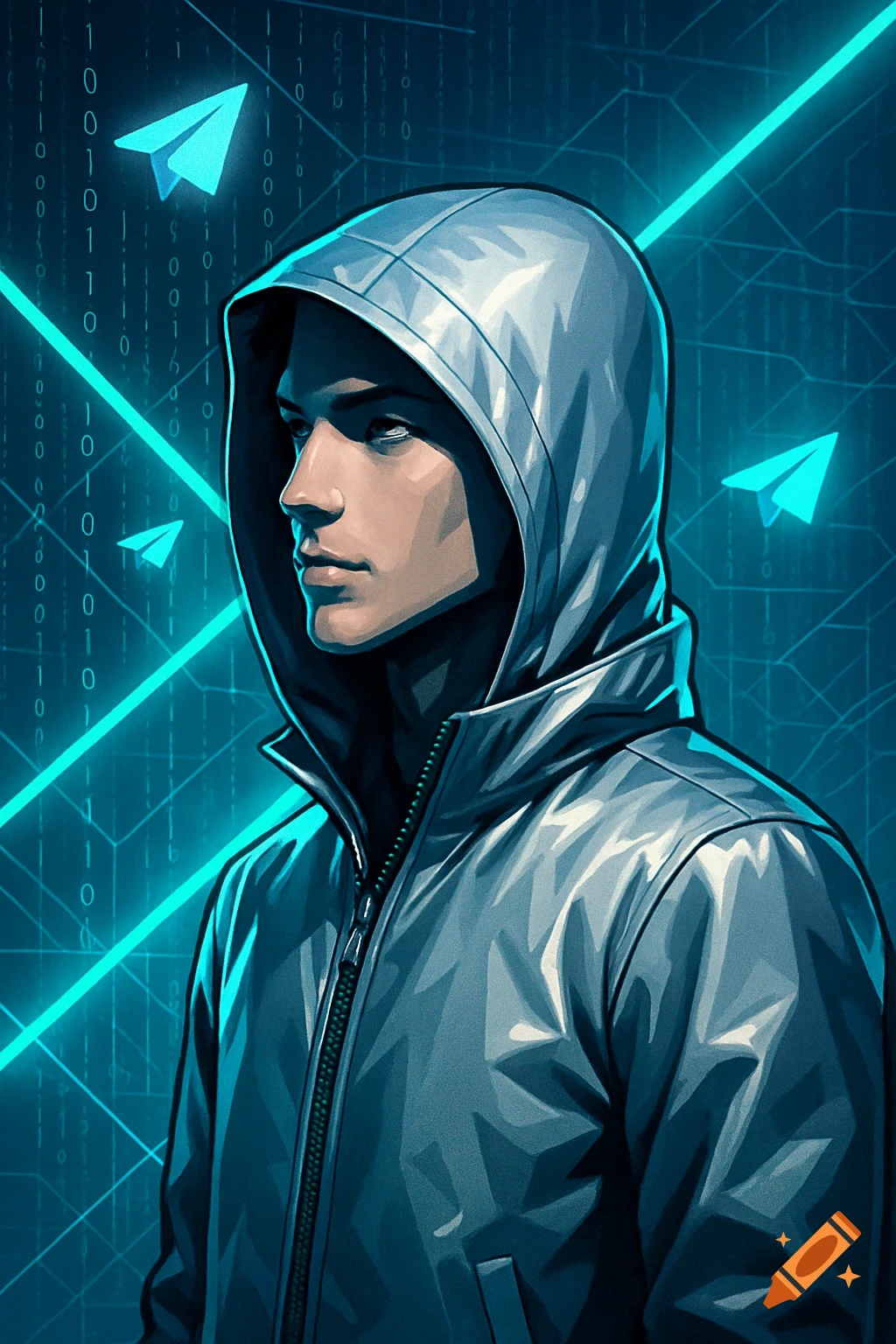 A stylized digital art portrait of a mysterious figure in a hoodie, set against a glowing blue digital background with binary code and paper planes.