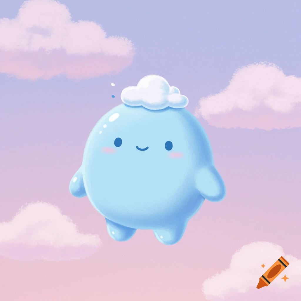 A cute blue blob-like character with a gentle smile and a small white cloud on its head, floating in a pastel pink and purple sky with soft clouds.