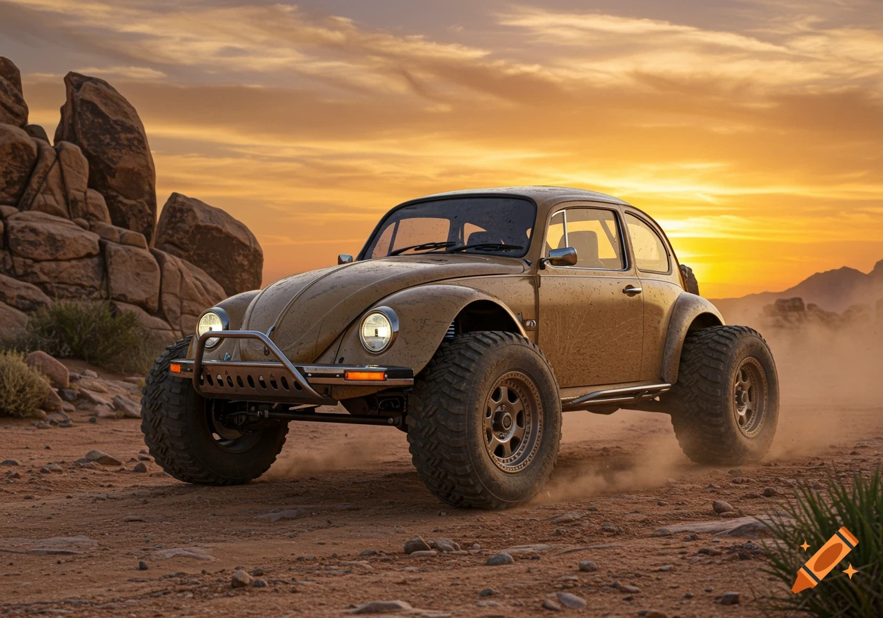 Photorealistic image of a tan Volkswagen Beetle off-road vehicle driving on a dusty desert path against a sunset sky.