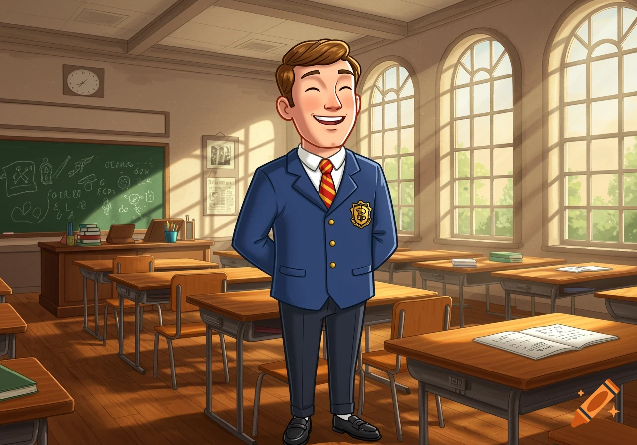 A smiling cartoon boy in a blue school uniform stands in a sunlit classroom.