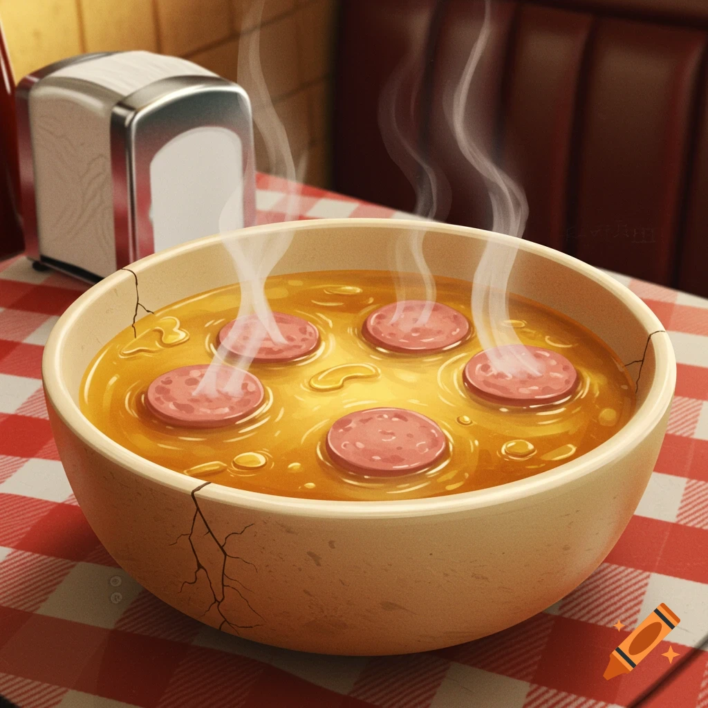 Steaming bowl of weiner water soup with five sausage slices on a red checkered tablecloth in a diner setting, illustration style.