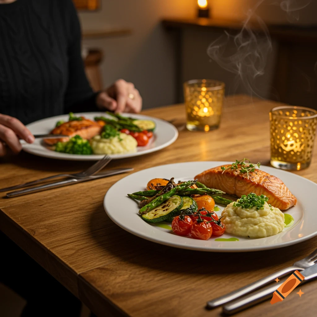 Two plates of salmon, roasted vegetables, and mashed potatoes on a wooden table with lit candles, one plate being eaten.