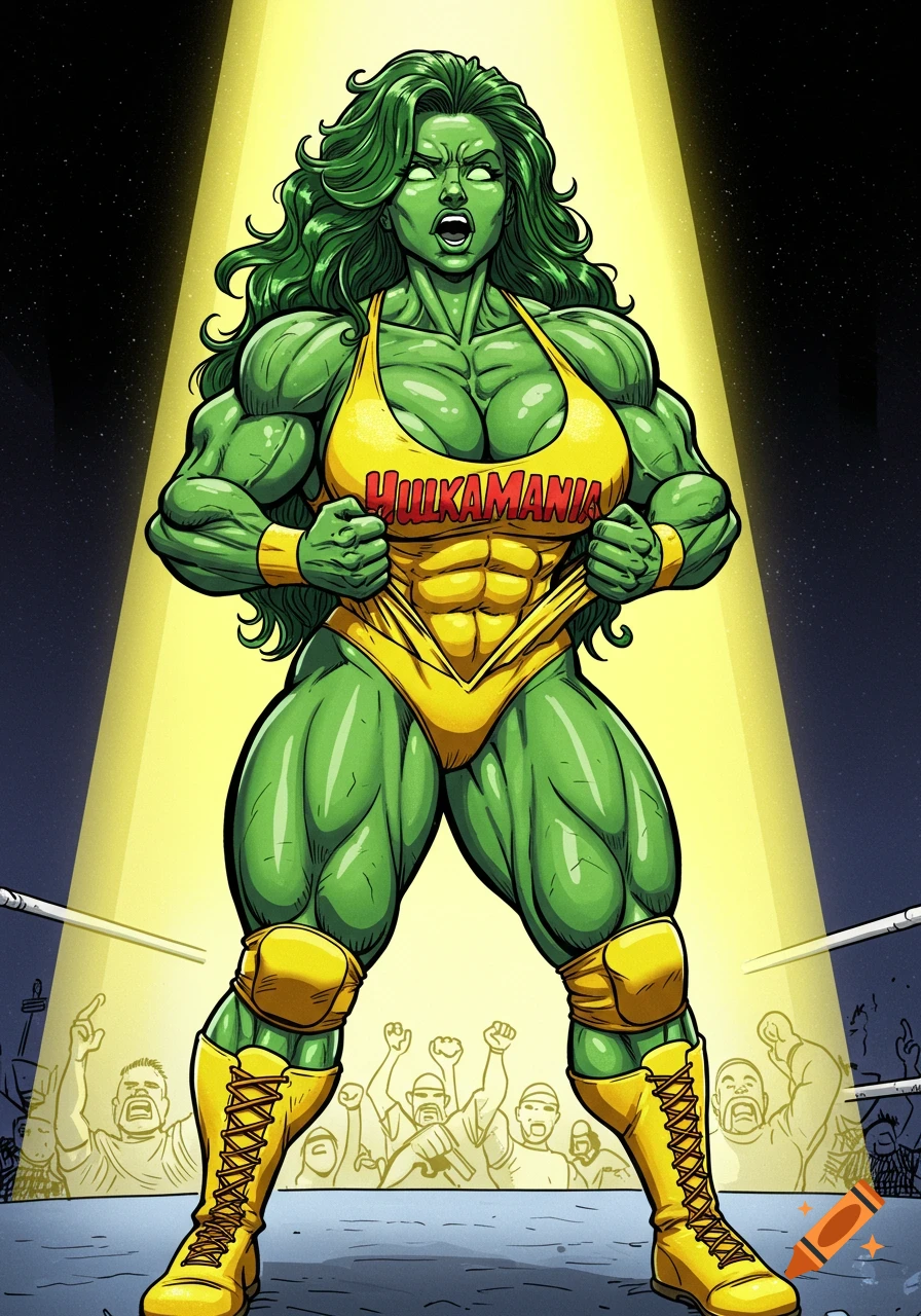 A muscular green-skinned female wrestler in a yellow 'HULKMANIA' top stands in a ring, comic art style.