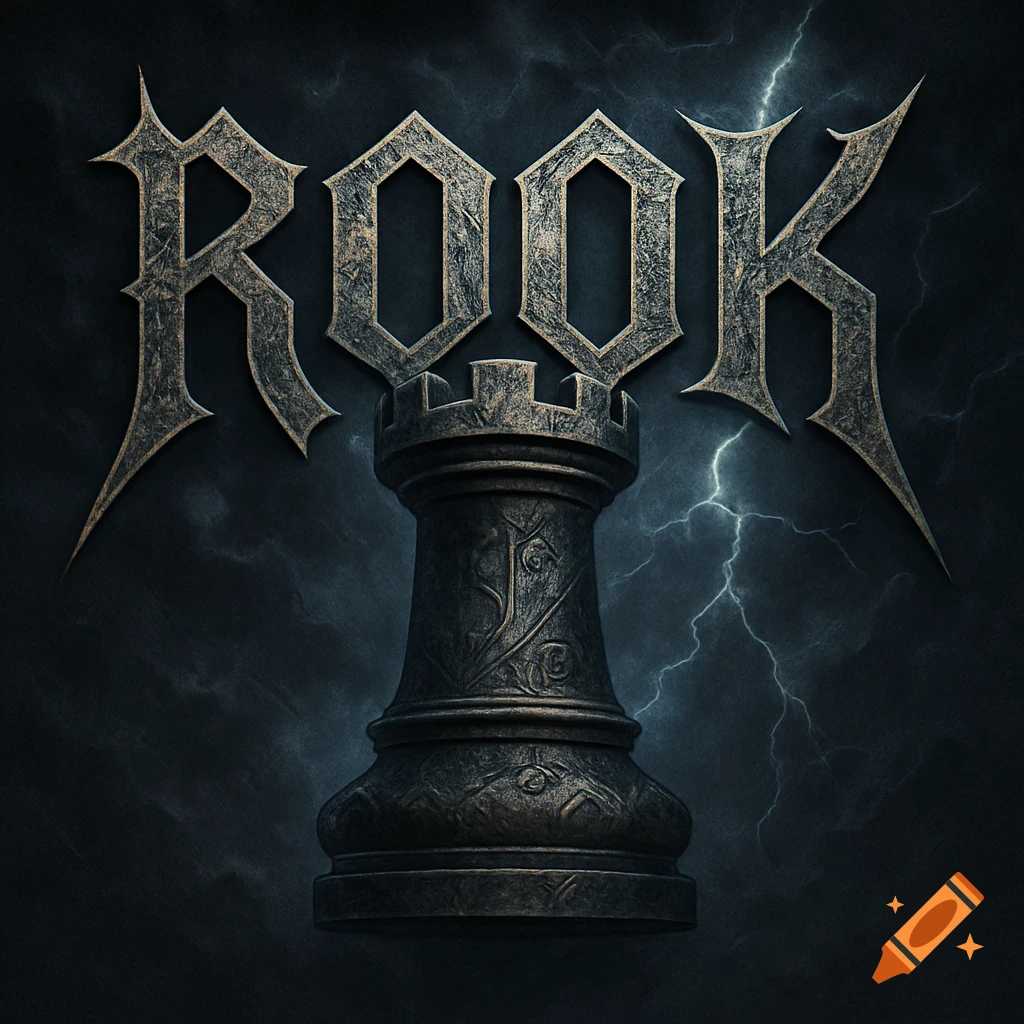 A dark, stylized metal band logo featuring the word ROOK above a chess rook piece, with lightning in the stormy background.
