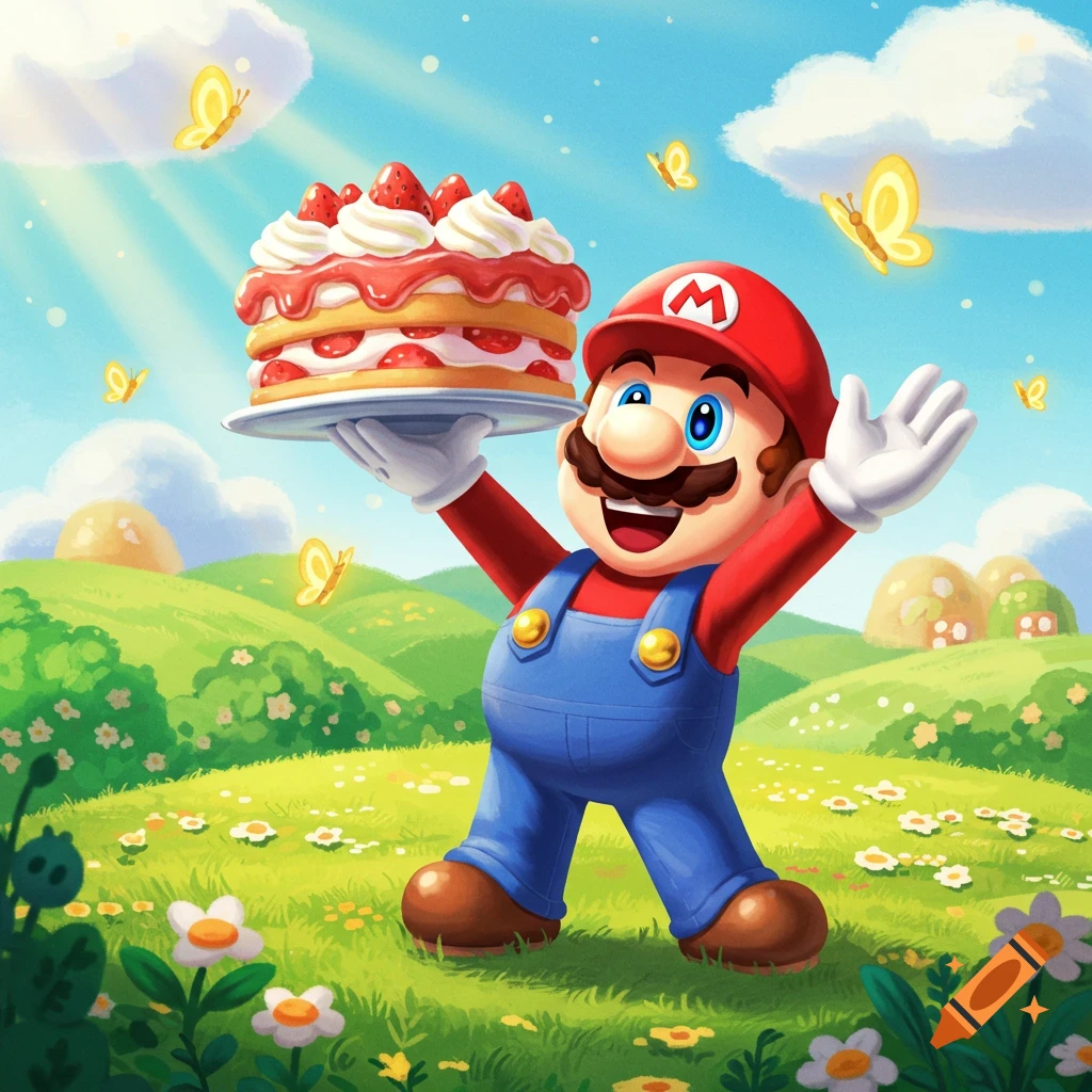 Cartoon Mario happily holds a strawberry shortcake in a bright green field with flowers and butterflies.