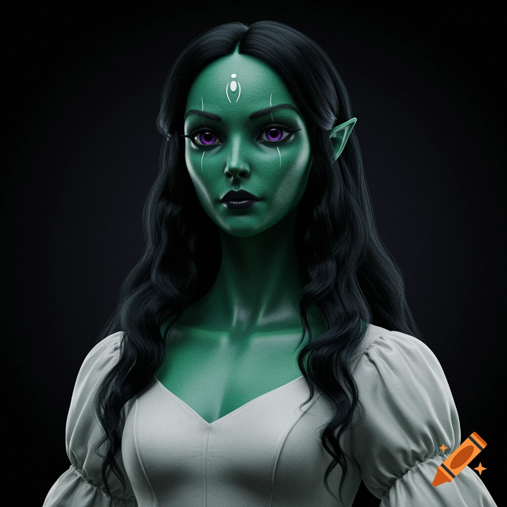 Detailed digital portrait of an alien woman with emerald green skin, long black wavy hair, purple eyes, and white markings on her face, wearing a white dress.