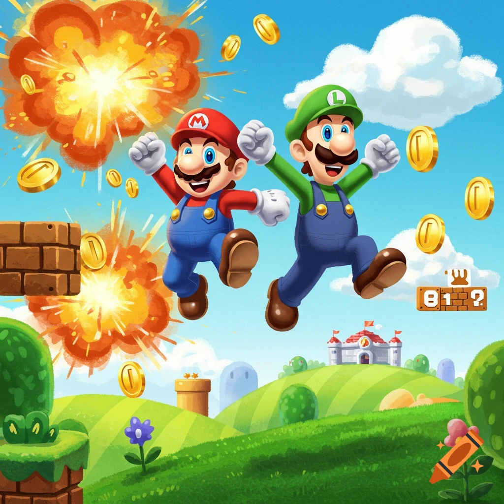 Mario and Luigi jump through a vibrant Super Mario Bros. world, surrounded by explosions, golden coins, and a distant castle.