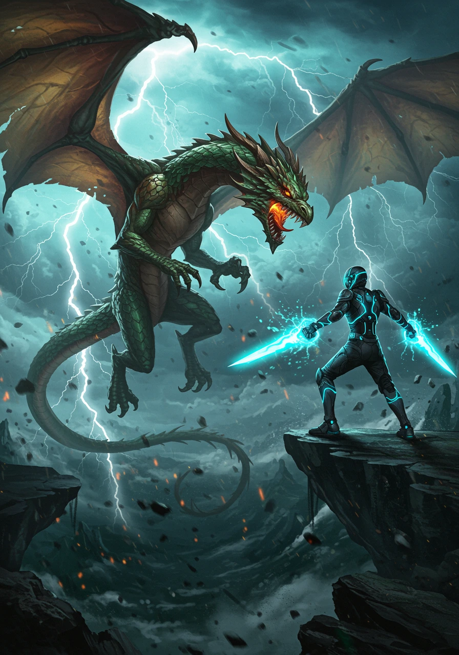 A large green dragon with fiery breath confronts a futuristic warrior wielding glowing blue swords on a cliff during a lightning storm.