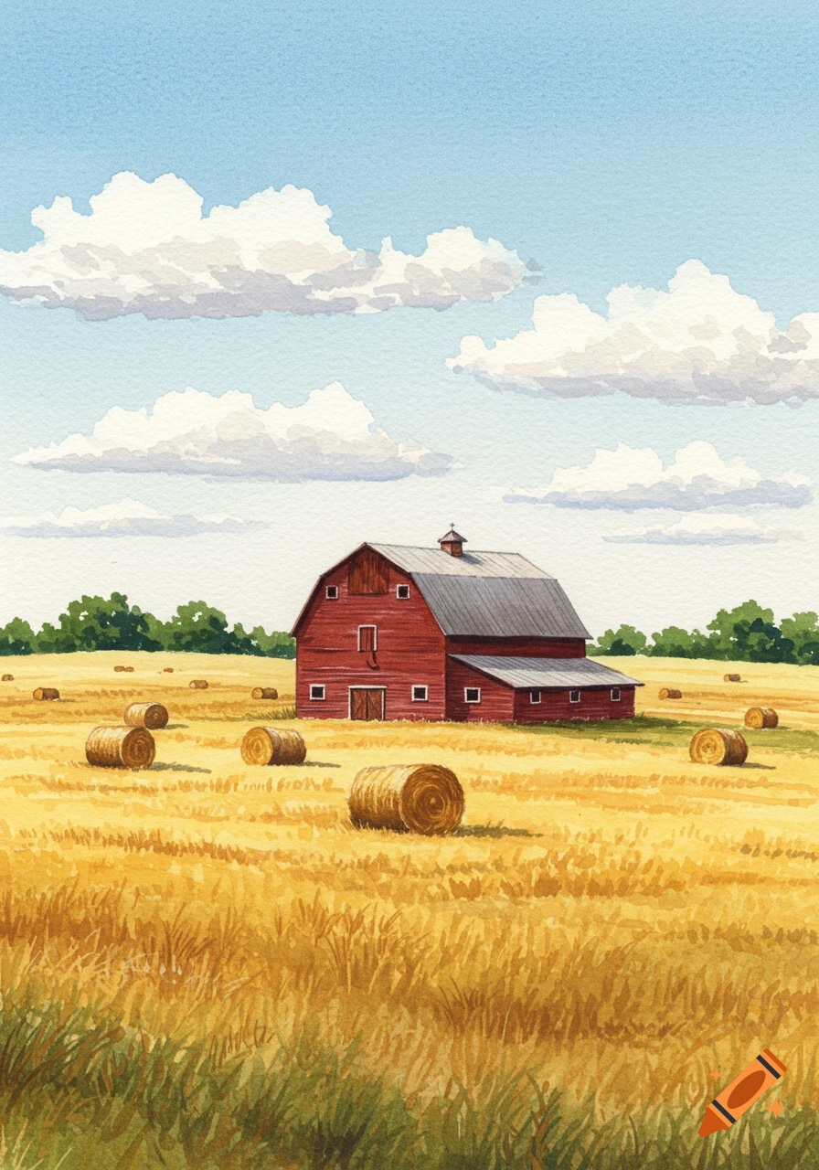 A red barn stands in a golden hay field under a blue sky with white clouds, in a watercolor style.
