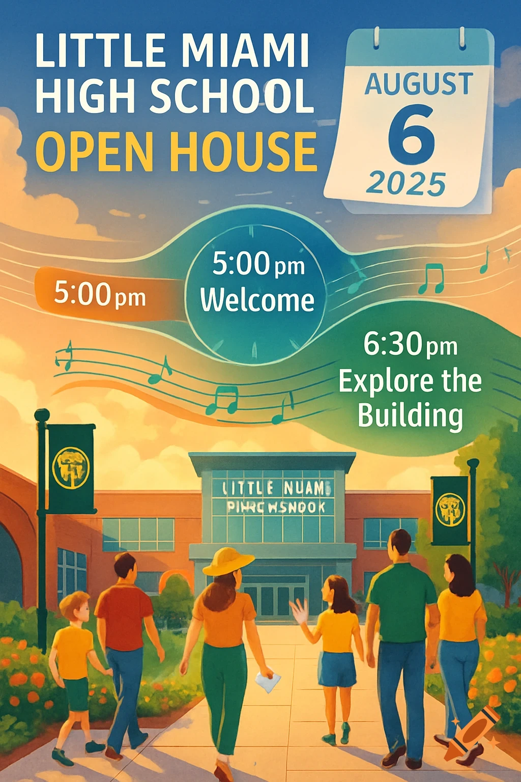 An illustration of a school open house flyer. A family walks towards a school building under a calendar for August 6, 2025. Text indicates events for "Welcome" at 5:00 pm and "Explore the Building" at 6:30 pm.
