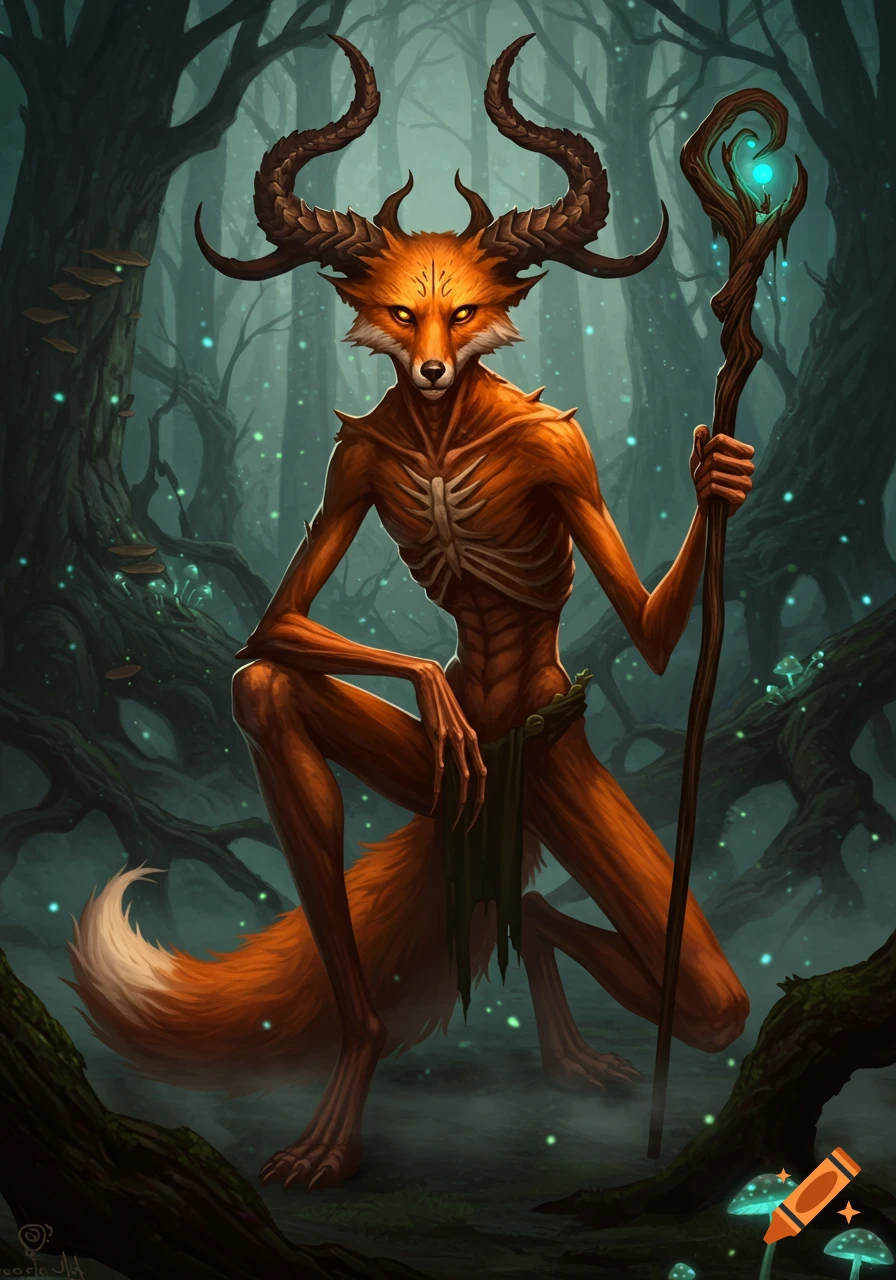 A skeletal, horned humanoid fox creature with glowing eyes crouches in a dark, misty forest, holding a glowing staff.