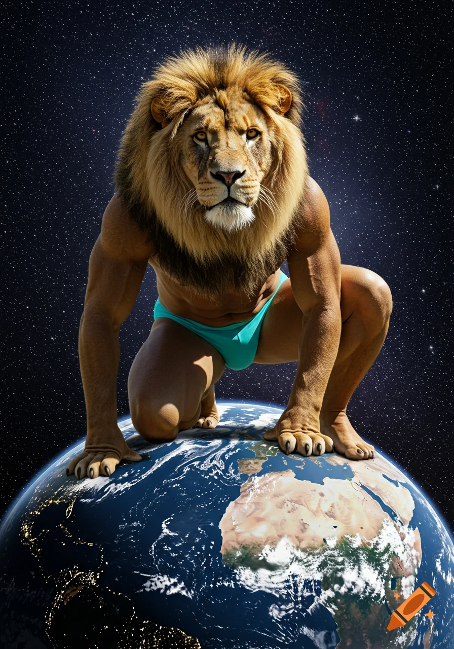 A muscular anthropomorphic lion in a teal speedo kneels on Earth, appearing to outgrow the planet, against a starry space background. Photorealistic style.