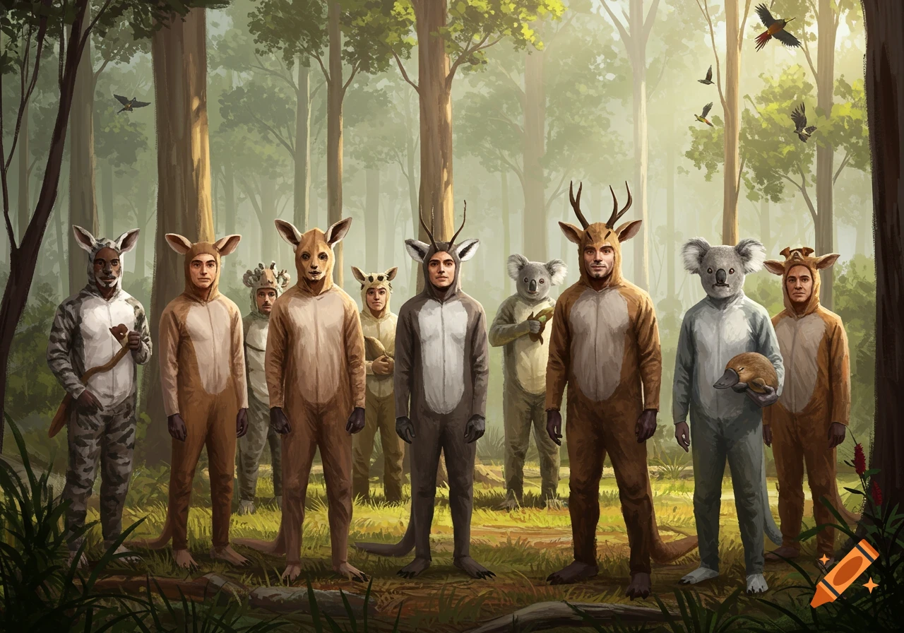 Men in kangaroo, koala, and other Australian animal costumes stand in a sunlit eucalyptus forest, painted style.