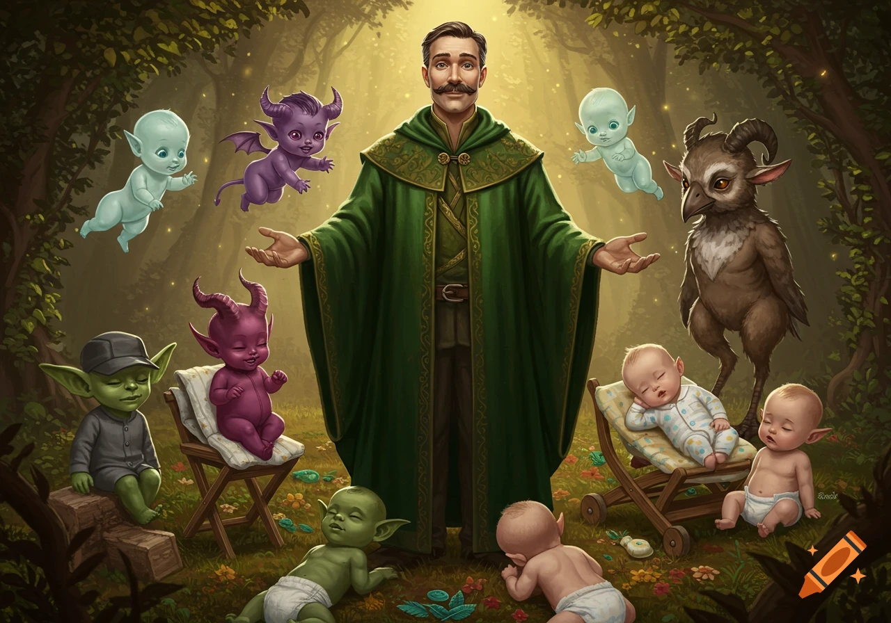 A man in a green cloak with a mustache stands surrounded by various fantasy baby creatures, including goblins, demons, and human infants, in a whimsical forest setting.