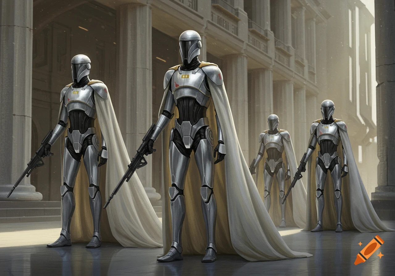 Four futuristic soldiers in silver armor with white capes stand guard in front of a classical building with pillars.