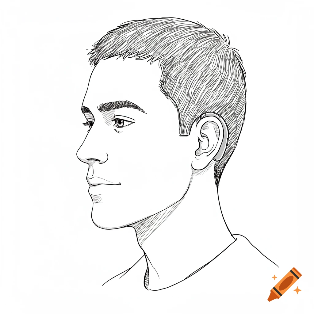 A black and white line sketch of a man in profile wearing a hearing aid.