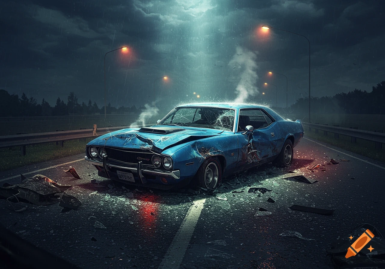 A heavily damaged blue vintage car sits on a wet road at night with shattered glass and smoke, under a stormy sky.
