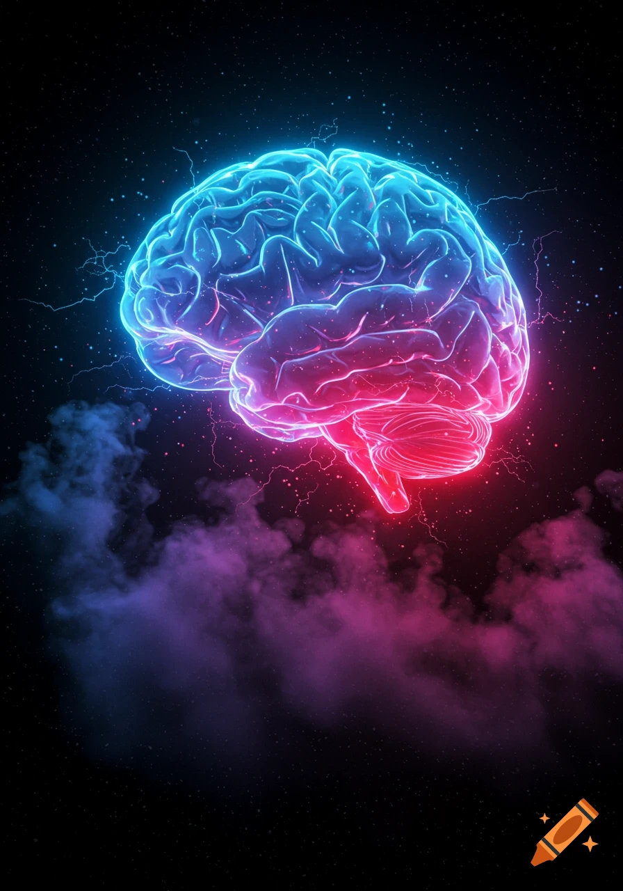 A glowing, neon-lit brain surrounded by electric currents and colorful smoke against a dark, starry background.