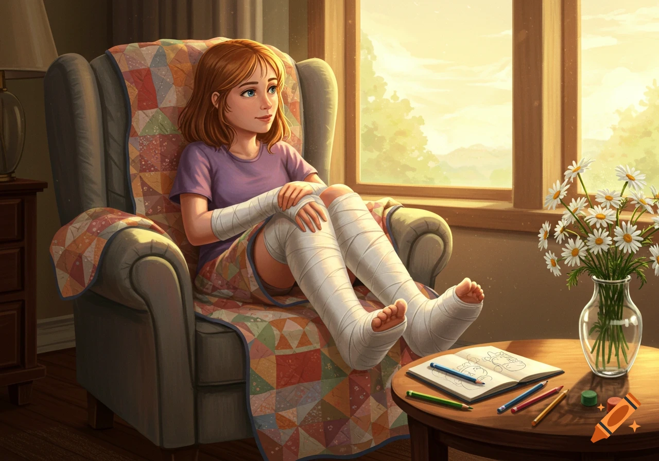 A girl with casts on her legs and arm sits in an armchair by a sunlit window, with a drawing book and daisies on a table. Illustration.