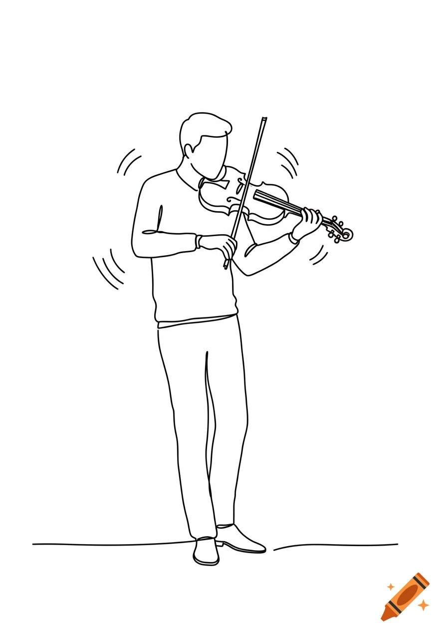 A black and white line art drawing of a person playing a violin.
