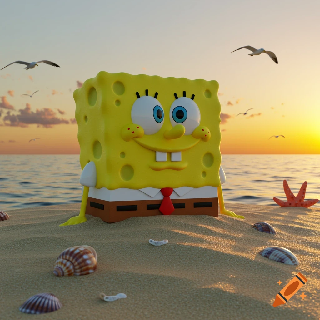 Spongebob Squarepants on a sunny beach at sunset with seagulls flying and seashells on the sand.