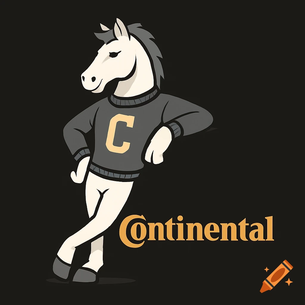 White horse mascot wearing a grey sweater with a yellow 'C', leaning on a large 'Continental' logo on a black background. Illustration style.