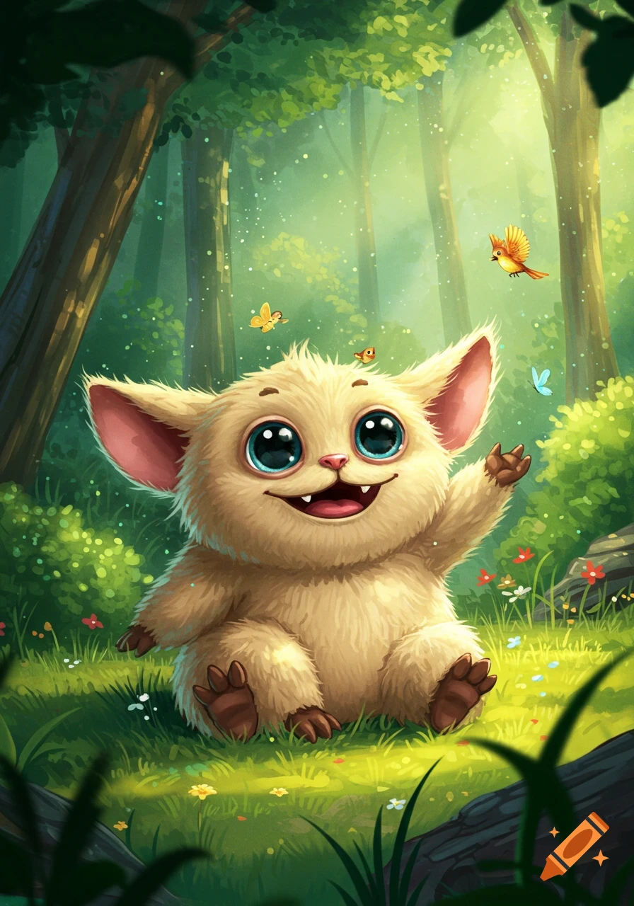 A fluffy, beige, monster-like creature with large blue eyes and a wide smile waves in a vibrant, sunlit forest.