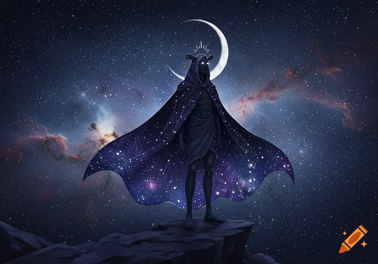 A dark, hooded figure with glowing eyes stands on a cliff under a crescent moon, draped in a starry, constellation-filled cape against a cosmic sky.
