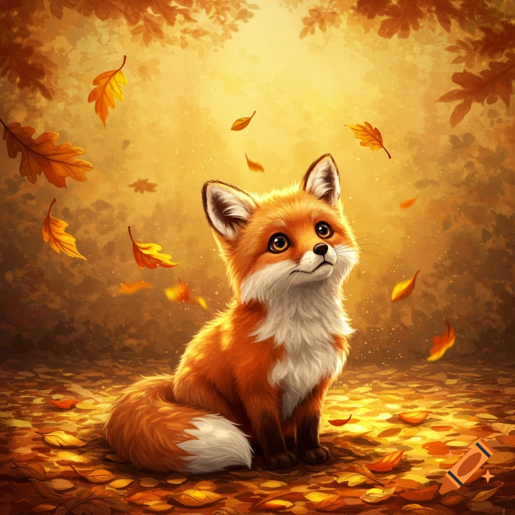 A cute, fluffy orange fox with big eyes sits among fallen autumn leaves, looking up into a warm, golden forest.