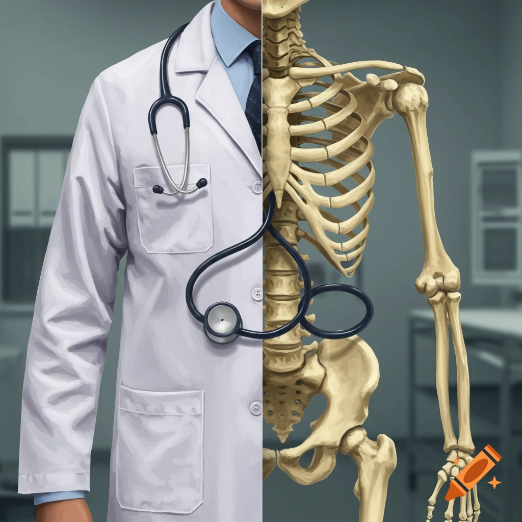 Illustrated half-body of a person, one side in a white doctor's coat with a stethoscope, the other side a human skeleton.