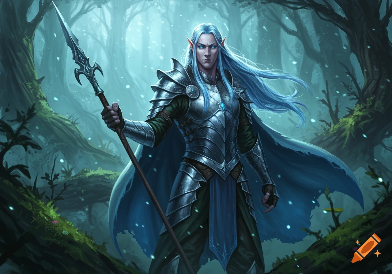 A blue-haired, blue-eyed male elf warrior in silver armor holds a pike in a misty blue forest.