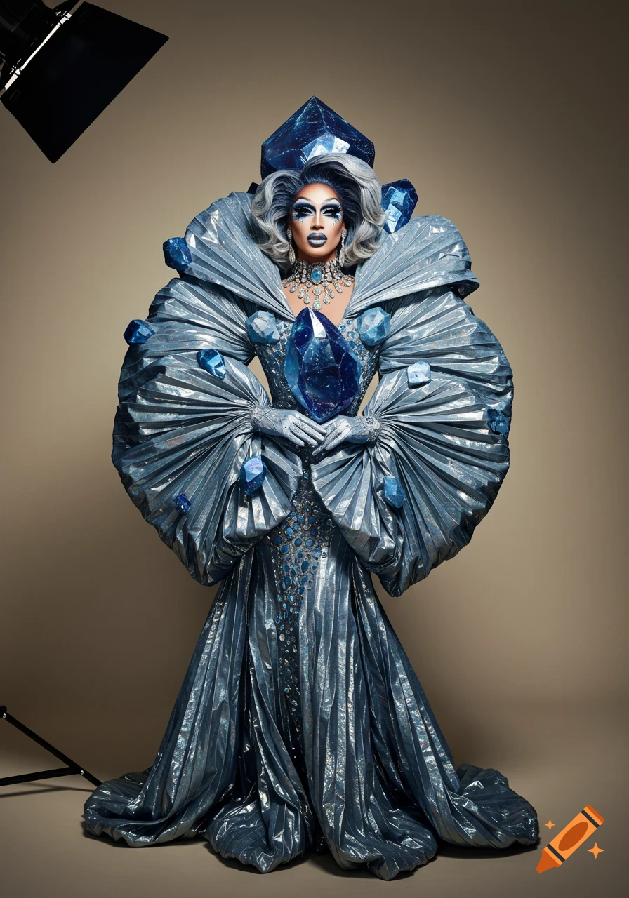 A drag queen wearing an elaborate metallic silver-blue gown adorned with large blue crystals and a matching headpiece, in a studio portrait.