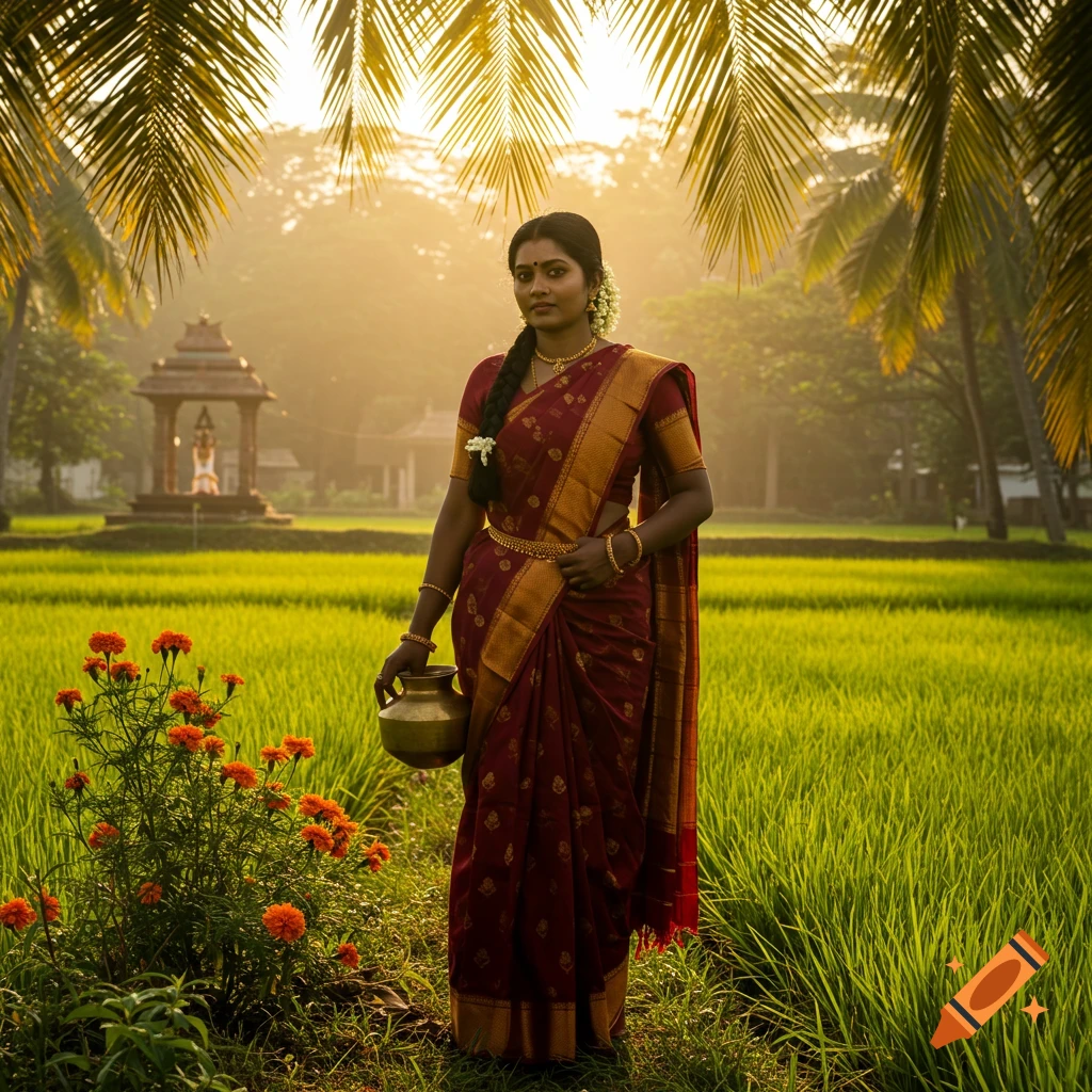 Photorealistic image of a woman in a red and gold saree holding a pot in a lush green rice field at sunrise.