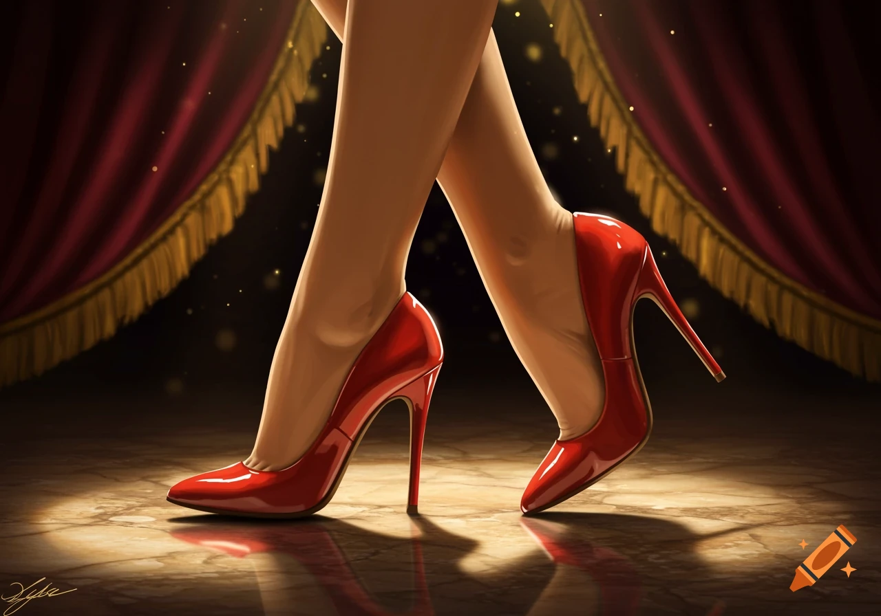 Two legs wearing glossy red high heels stand on a reflective