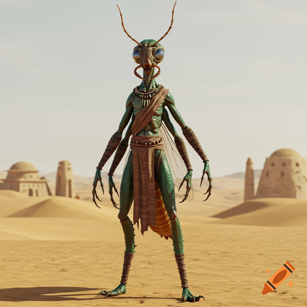 A full body shot of an insectoid alien with four arms, wearing tribal clothing, standing in a desert landscape with dome-shaped buildings in the background.