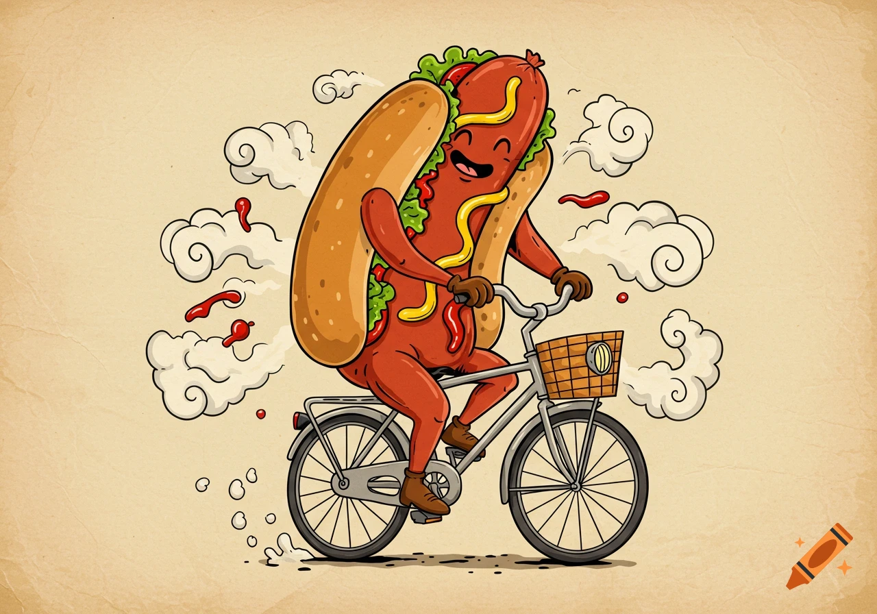 A happy cartoon hotdog character with bun, lettuce, ketchup, and mustard rides a bicycle, in a tattoo-style drawing.