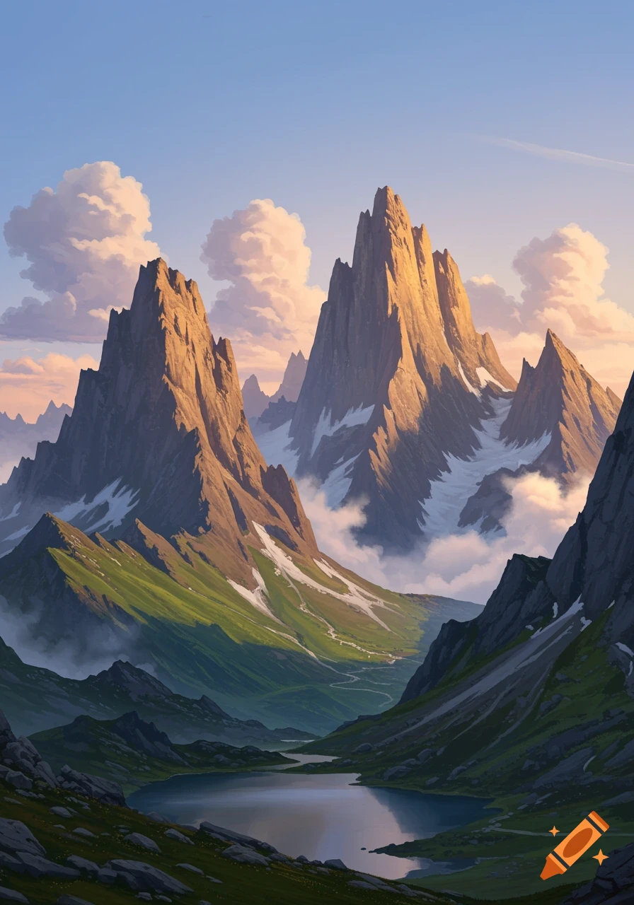 A serene alpine landscape with towering peaks, a lush valley, and a reflective lake under a bright sky with soft clouds.
